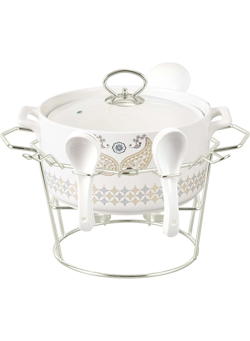 Orchid Porcelain 16-Piece Soup Set with Serving Pot, Soup Bowls, Spoons & Tealight Warmer Metal Stand, Ceramic Soup Tureen Set for Dining, Dinnerware Serving Soup Set, Tableware Set - Image 2